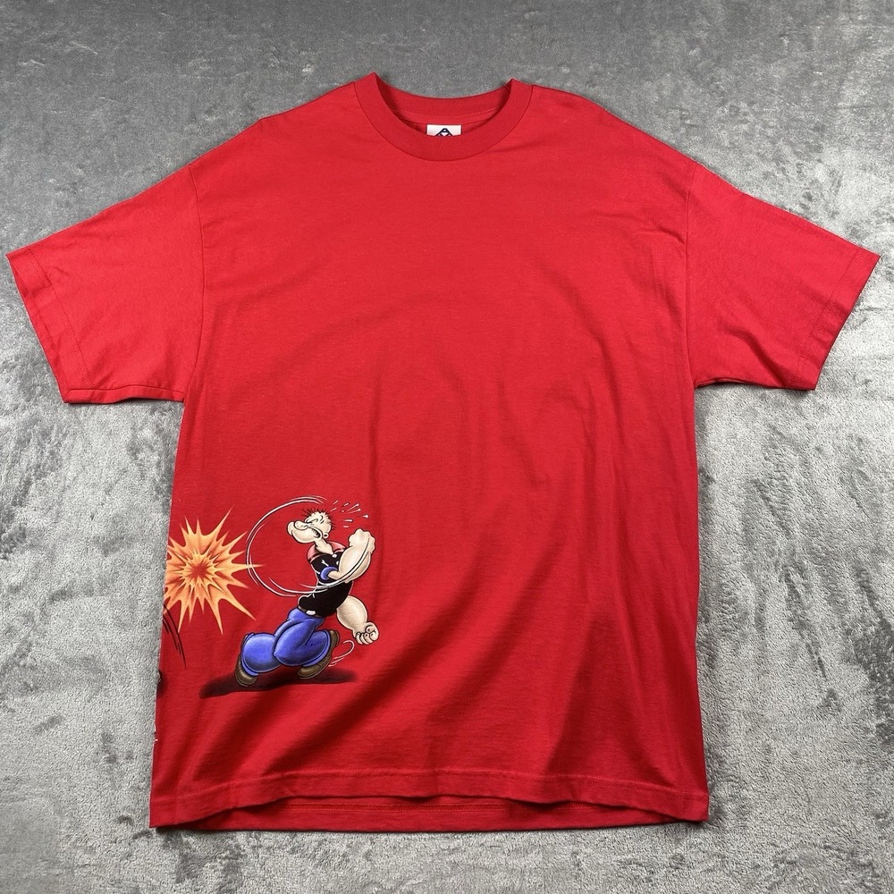 Vintage Popeye & Bluto Shirt Mens Sz XL Red USA Made‎ Cartoon Wraparound Tee Y2K